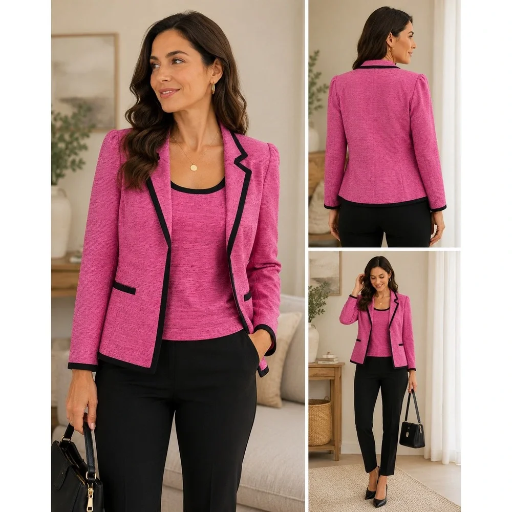 Kasper Blazer & Top Set Womens 18 Pink Excellent Textured Contrast Trim Suit